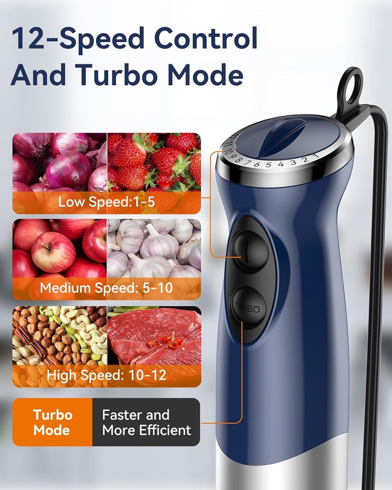 Abuler Immersion Blender Handheld 1000W 5 in 1 Corded Stick Hand Blender Kitchen with 12 Speed, BPA-Free, Mixing Beaker, Chopper, Whisk, Milk Frother, Perfect Emulsifier for Soup, Baby Food, Sauce, Puree - Image 4